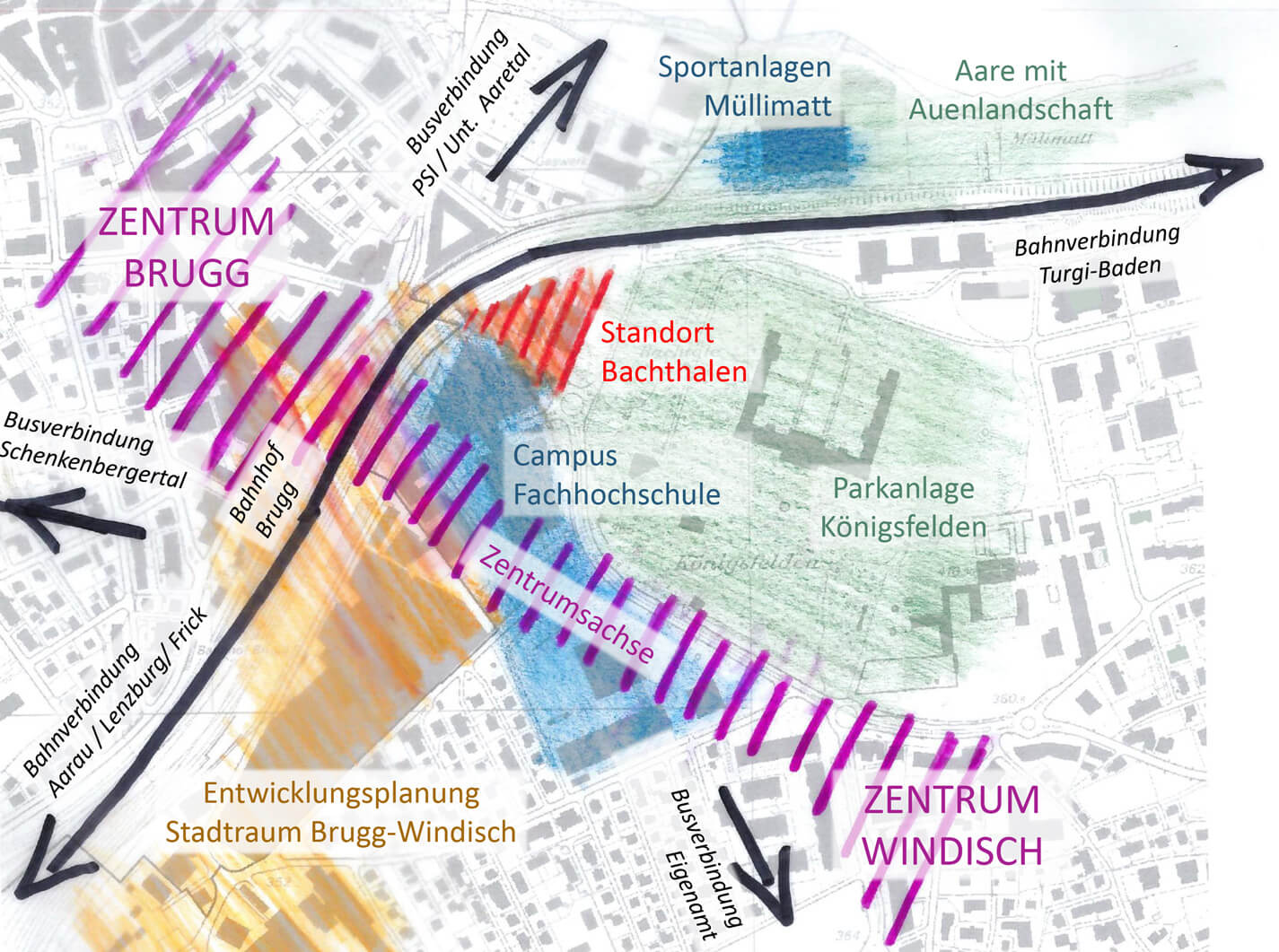 Der Standort Bachthalen räumlich, funktional und verkehrstechnisch eingeordnet.